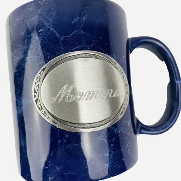 Vintage Linyi Momma Coffee Mug Pewter Metal Plaque Blue Marble Look Gift Mom - Picture 8 of 8
